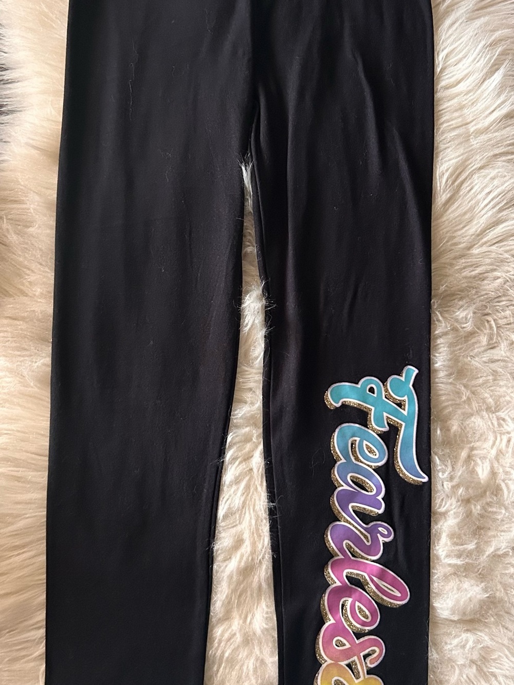 Girls Black Leggings with Colorful 'Fearless' Script Accent
